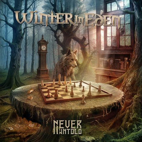 Der Text lautet "WINTER IN EDEN Never Uuntold". Ein Wolf steht vor einem Schachbrett in einem verwunschenen Wald.