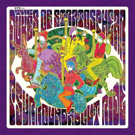 "The Dukes of Stratosphear" steht in geschwungenen Buchstaben. Bunte, fantasievolle Illustration von Reitern auf Tieren.