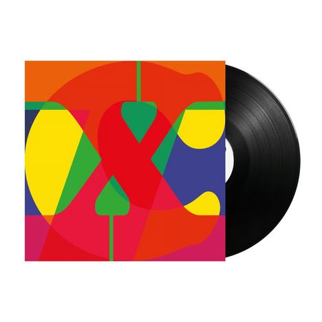 Bunte Illustration mit dem Buchstaben "&" in Rot auf geometrischen Formen. Daneben eine schwarze Schallplatte.