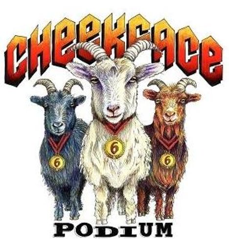 Text: "Cheekface Podium". Illustration von drei Ziegen mit Medaillen, jede trägt die Zahl 6.