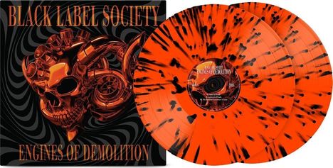 "Black Label Society", "Engines of Demolition". Zwei orange Schallplatten mit schwarzen Sprenkeln, Schädel-Illustration.