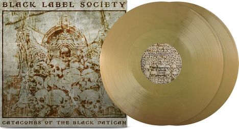 "Black Label Society", "Catacombs of the Black Vatican". Zwei goldene Schallplatten mit Totenkopf-Design auf der Hülle.