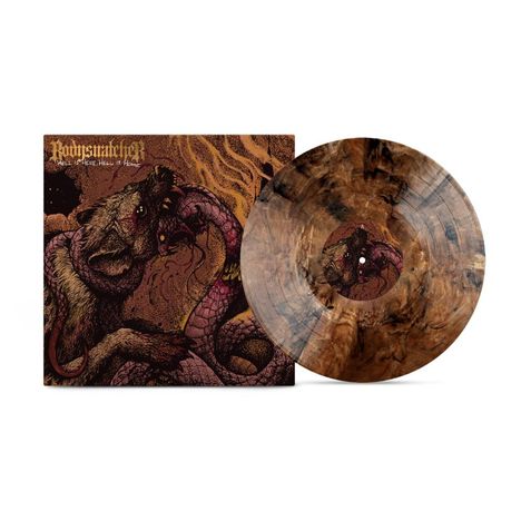 „Bodysnatcher“, „Hell is Here; Hell is Home“. Illustration: Wolf und Schlange kämpfen. Vinyl mit braun-schwarzem Muster.