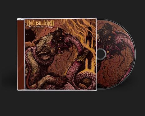 „Bodiesnatcher – Hell Is Here, Hell Is Home“. Illustration: Wolf kämpft gegen eine Schlange vor feuriger Kulisse.