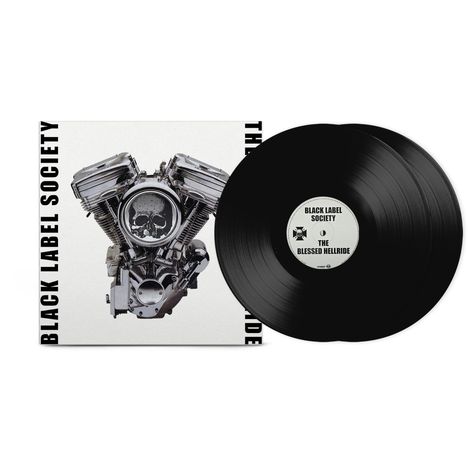 "BLACK LABEL SOCIETY", "THE BLESSED HELLRIDE". Ein Motorblock mit einem Totenkopf in der Mitte. Vinyl-Schallplatte daneben.