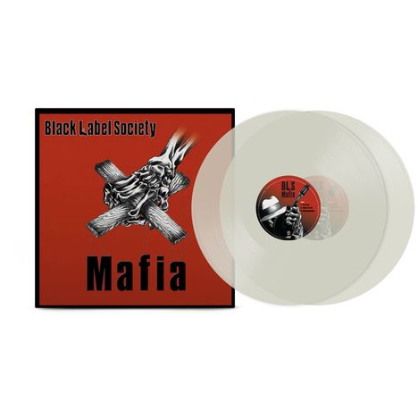 Text: "Black Label Society", "Mafia", "BLS Mafia". Ein Albumcover in Rot mit einem Schädelillustration, zwei weiße Schallplatten.