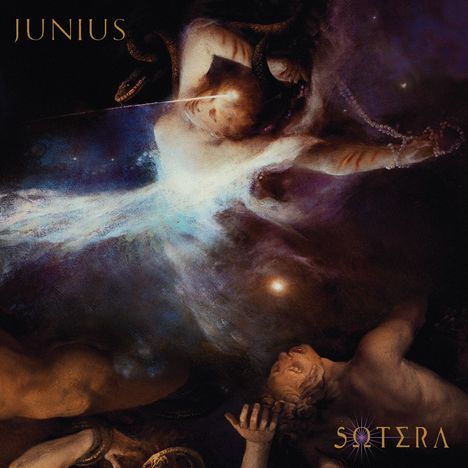 Texte: "Junius", "Sotera". Illustration eines dramatischen, mystischen Szenarios: Eine Figur mit Schlangen und Lichtstrahl.
