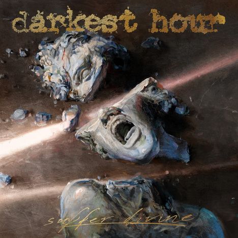 Text: „darkest hour“ oben, „softer divine“ unten. Illustration von zerschmetterten Köpfen mit dramatischem Licht.