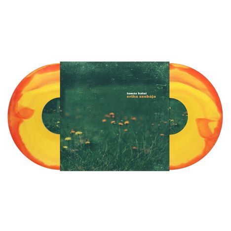 Text: "tamás kátai", "erika szobája". Eine Illustration einer Blumenwiese und eine Schallplatte in Orange- und Gelbtönen.