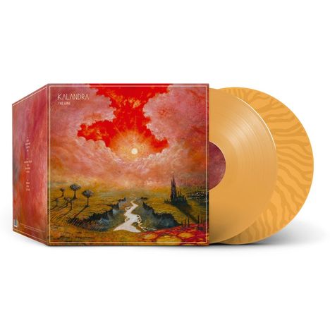 "KALANDRA THE LINE" steht auf einem Albumcover mit surrealen Landschaften und rotem Himmel, beige Vinylplatten daneben.