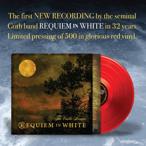 Text: "The first NEW RECORDING by the seminal Goth band REQUIEM IN WHITE in 32 years. Limited pressing of 500 in glorious red vinyl."  
Illustration: Waldlandschaft mit roter Vinyl-Schallplatte.