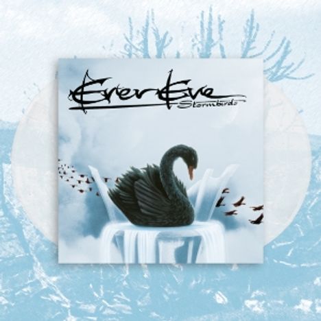 Der Text lautet "Evereve Stormbirds". Ein schwarzer Schwan sitzt auf einem Stuhl, mit fliegenden Vögeln im Hintergrund.