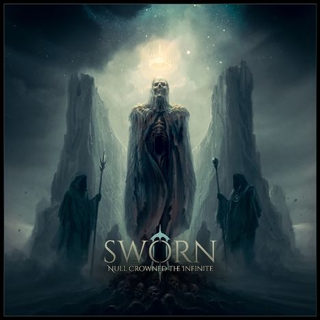 Text: "SWORN NULL: CROWNED THE INFINITE". Illustration eines düsteren Wesens vor kargen Bergen mit Schädeln im Vordergrund.