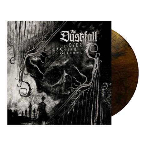Text: "The Duskfall: The Everlasting Shadows". Schwarze, düstere Grafik mit Skelett, dekorativen Linien und Silhouetten.