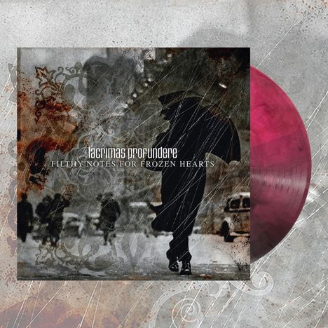 "Lacrimas Profundere, Filthy Notes for Frozen Hearts." Silhouette einer Person mit Regenschirm und rotem Vinyl.