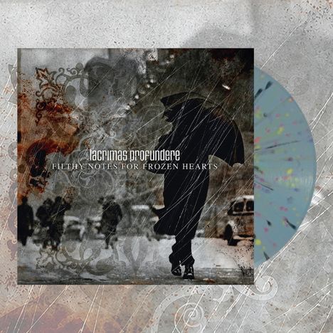 "Lacrimas Profundere. Filthy Notes for Frozen Hearts." Silhouette im Regen mit Schirm, Vintage-Stil.