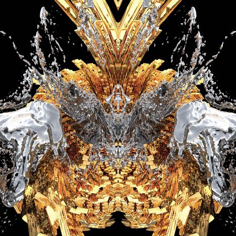 Eine symmetrische, gold- und silberfarbene, abstrakte Illustration mit flüssigen und kristallinen Elementen.