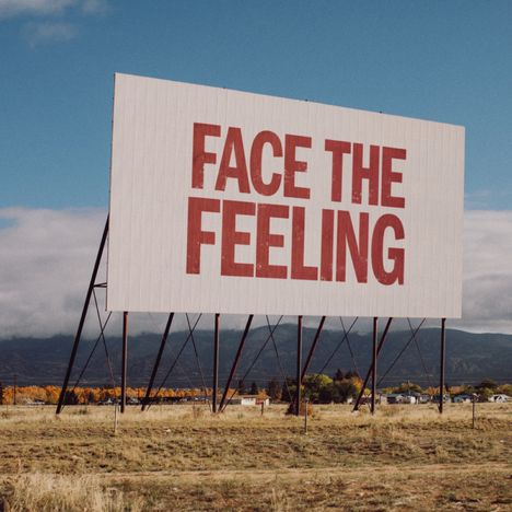 "FACE THE FEELING" in großen roten Buchstaben auf einem Schild, das in einer weiten Landschaft steht.