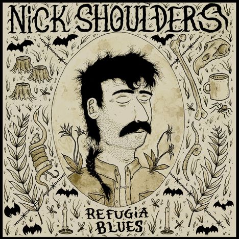 "Nick Shoulders, Refugia Blues" - Illustration eines bärtigen Mannes mit geschlossenen Augen, umgeben von Pflanzen und Symbolen.