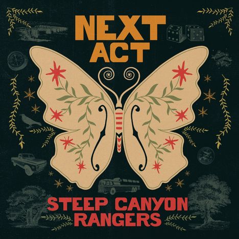 Text: „NEXT ACT“, „STEEP CANYON RANGERS“. Illustration: Schmetterling mit Blumenmotiven, umgeben von kleinen Symbolen.