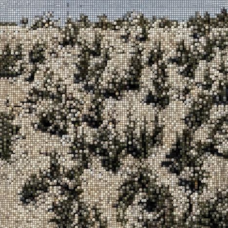 Verschwommenes Muster aus Kreisen in Grün- und Beigetönen, das an Landschaft mit Bäumen oder Sträuchern erinnert.