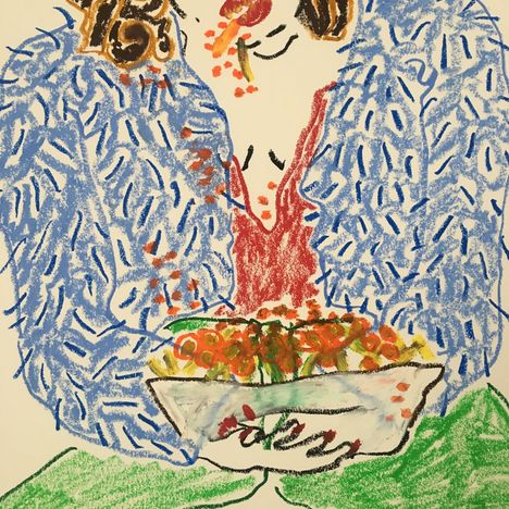 Eine farbenfrohe Zeichnung: Eine Person mit lockigem Haar und einem blauen Musterhemd hält eine Schüssel voller Spaghetti.