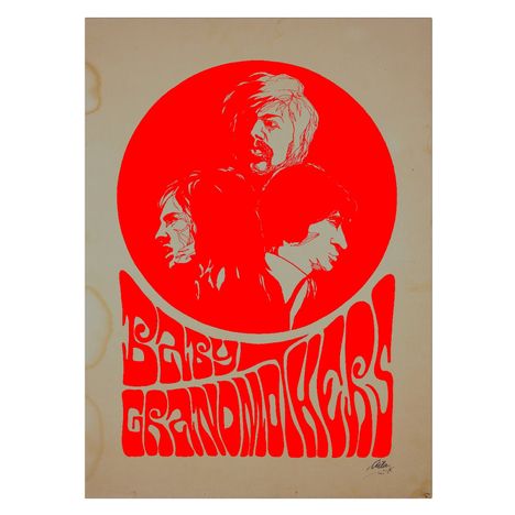 "BABY GRANDMOTHERS" in verspielter Schrift, rote Silhouetten von drei Gesichtern auf hellem Hintergrund.