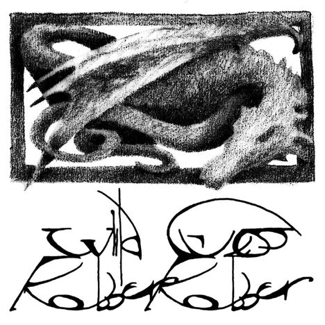 Eine kunstvolle Illustration mit kalligrafischem Text: "Robber" und ein stilisierter Drache im Hintergrund.