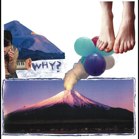 "WHY?" steht groß. Ein Vulkan stößt Rauch aus. Füße über bunten Ballons, daneben eine Person am Klavier.