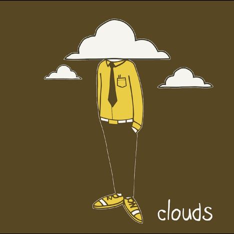 Text „clouds“ unten rechts. Illustration: Person in gelbem Hemd, Kopf durch Wolke ersetzt, brauner Hintergrund.