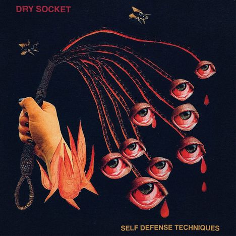 "DRY SOCKET" oben, "SELF DEFENSE TECHNIQUES" unten. Eine Hand hält eine Peitsche mit Augen und rote Tropfen fliegen.