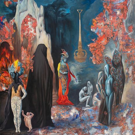 Eine surrealistische Szene mit Figuren in bunten Roben und mystischen Masken vor feurigen, abstrakten Hintergründen.