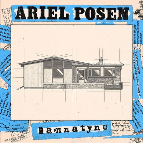 "Ariel Posen" und "Bannatyne"; eine technische Zeichnung eines modernen Hauses mit blauen Collageelementen.