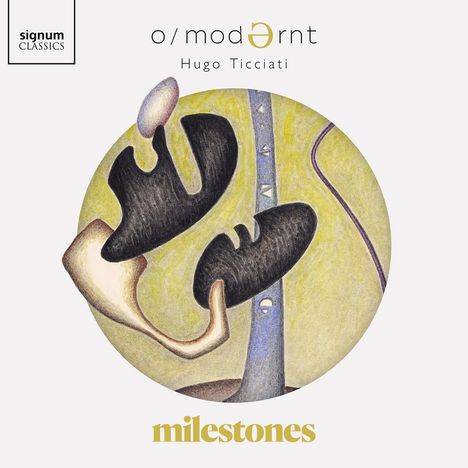 „o/modƏrnt“ und „milestones“. Runde, abstrakte Illustration in gedeckten Farben mit geschwungenen Formen.