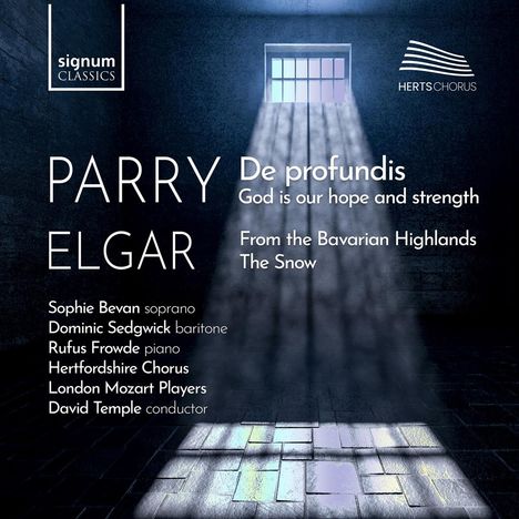 Texte erwähnen Parry, Elgar, Werke wie "De profundis", und Interpreten. Ein Raum mit Gitterfenster und Lichtstrahlen.