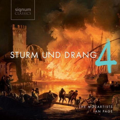 Text: "STURM UND DRANG 4", "signum CLASSICS", "THE MOZARTISTS, IAN PAGE".  
Illustration: Menschen fliehen vor einem brennenden Gebäude am Wasser.