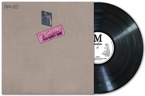 "FRAMED", "The Sensational Alex Harvey Band". Schallplatte mit grauem Cover, kleines Foto oben, runder Aufkleber rechts.