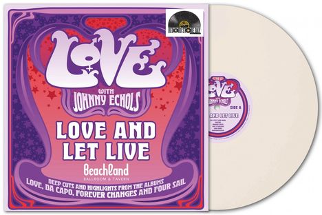 "LOVE AND LET LIVE" in großen Buchstaben, lila und rote psychedelische Muster im Hintergrund, Retro-Stil.