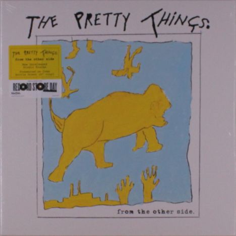 "The Pretty Things: from the other side." Ein gelbes Tier, umgeben von Händen, vor blauem Hintergrund.