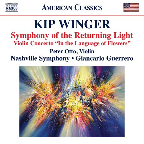 "KIP WINGER, Symphony of the Returning Light." Untertitel: "Violin Concerto 'In the Language of Flowers'". Eine dynamische, farbintensive abstrakte Kunst.