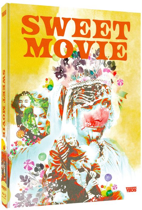 "SWEET MOVIE" in großen orangefarbenen Buchstaben. Lebhafte, abstrakte Illustration mit Gesichtern und Süßigkeiten.