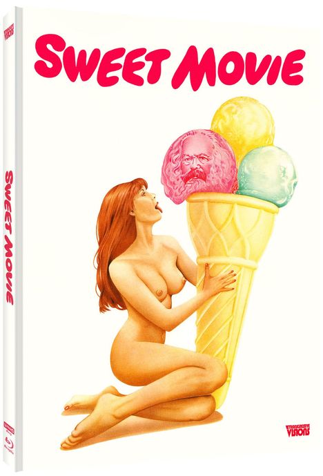 "Sweet Movie" in roter Schrift. Illustration: Frau umarmt große Eiswaffel mit Köpfen als Eiskugeln.