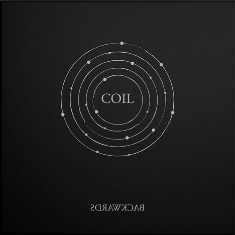 COIL, BACKWARDS (spiegelverkehrt). Konzentrierte konzentrische Kreise mit Punkten auf schwarzem Hintergrund.