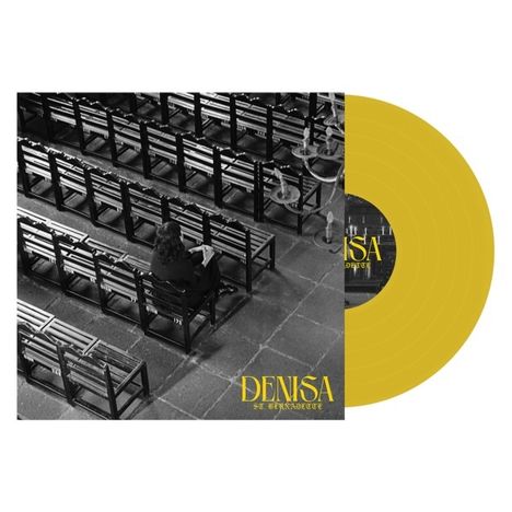 Text: "DENISA ST. BERNARDETTE". Schwarz-weißes Foto einer sitzenden Person auf Kirchenbänken. Gelbe Schallplatte.