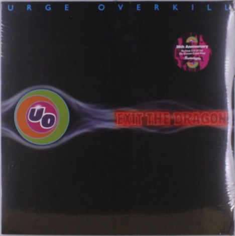 Oben steht "URGE OVERKILL", daneben "EXIT THE DRAGON" in Rot. Ein Logo zeigt "UO".
