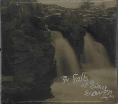 "The Falls of Sioux by Owen, July 1999." Sepia-Ton einer felsigen Wasserfalllandschaft.