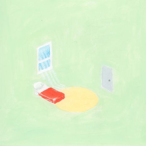 Illustration eines hellgrünen Raums mit einem roten Bett, Sonnenschein durch ein blaues Fenster und einer Tür.