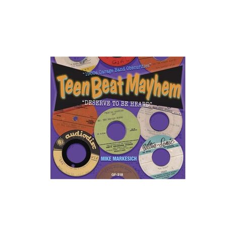 "Teen Beat Mayhem" und "DESERVE TO BE HEARD", eine Sammlung von Schallplatten, Design mit buntem Retro-Charakter.