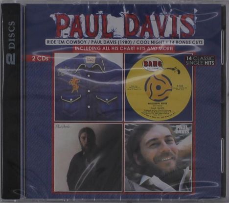 CD-Hülle mit "PAUL DAVIS", "2 DISCS", "14 CLASSIC SINGLE HITS". Fotos von einer Jacke, einer Schallplatte, und Porträts.
