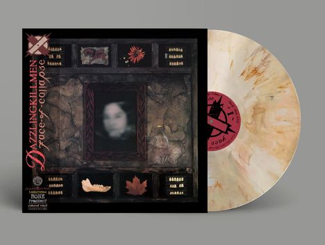 "Dazzling Killmen Face of Collapse" in roter Schrift. Limited Edition Bone Fragment Vinyl. Bild mit Unschärfe, Zähnen und Blättern.